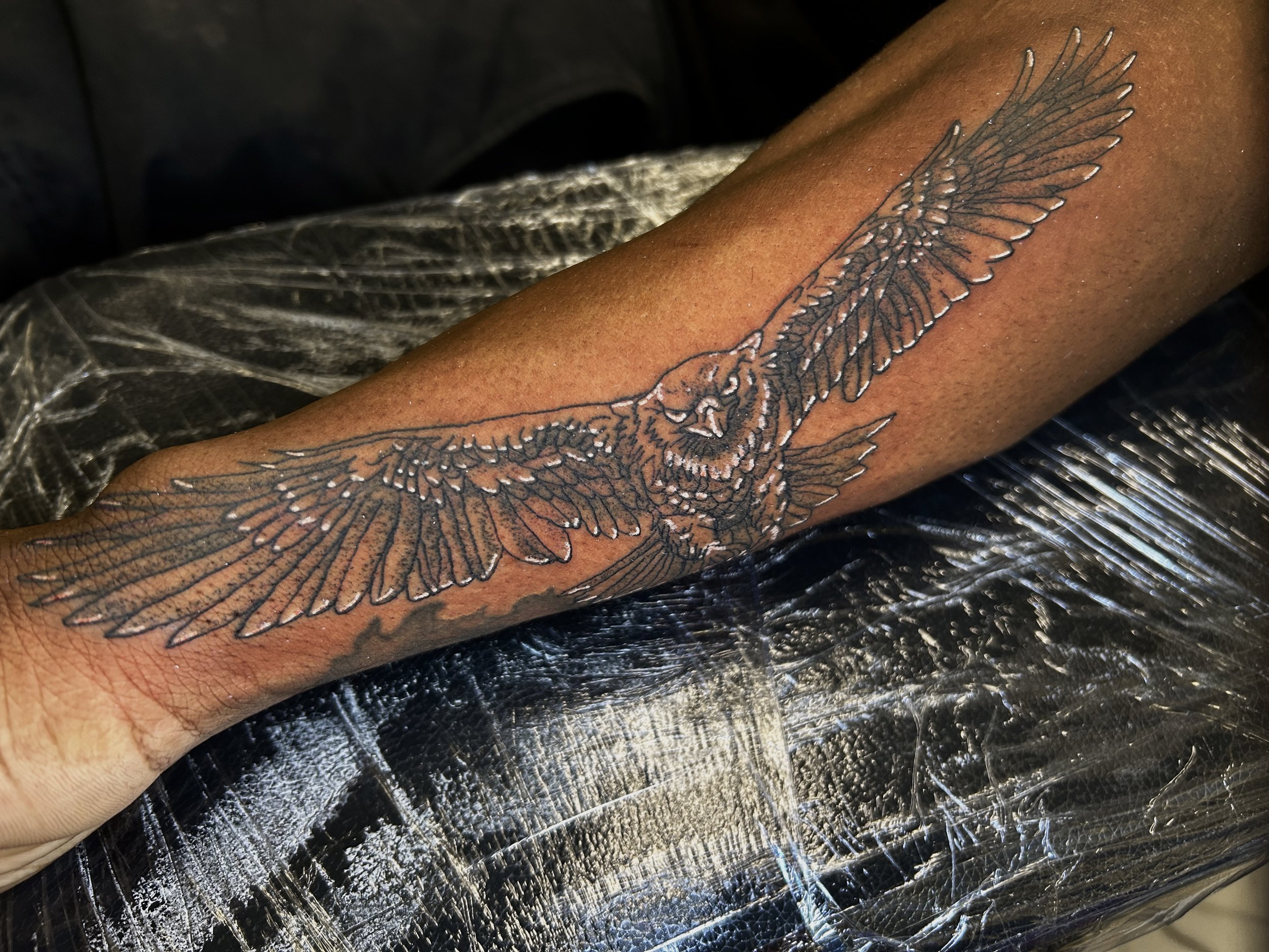 Black outline tattoo of a flying bird with spread wings on a person's arm, resting on a textured silver surface.
