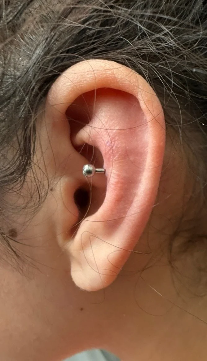 Close-up of a human ear with a mounted industrial-style silver stud earring, surrounded by brown hair.