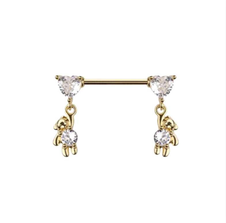 Gold-Toned Hanging Teddy Bear Nipple Barbell Pair/Set of 2