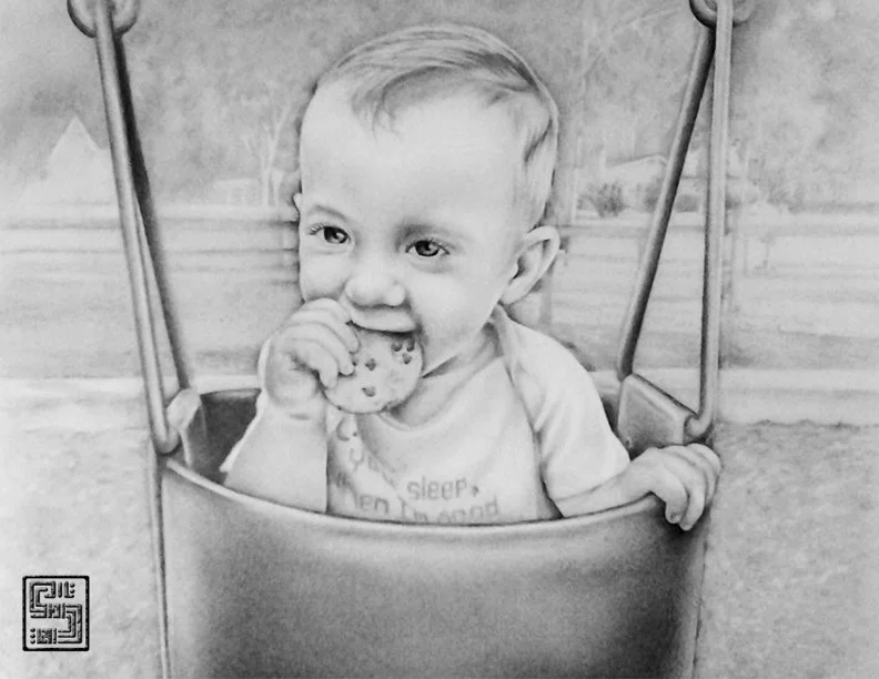 A young child with a short haircut sitting in a swing set, holding and biting a stuffed animal. The child is smiling and appears to be outdoors in a park or backyard.