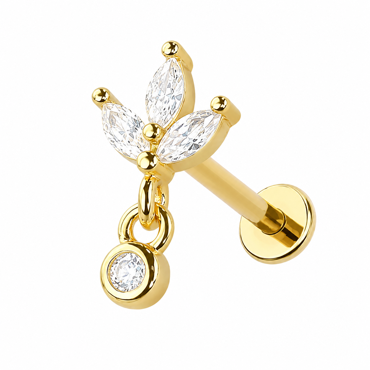Marquise With Round Dangle CZ Push Pin Flatback Labret 18G + Free Taper