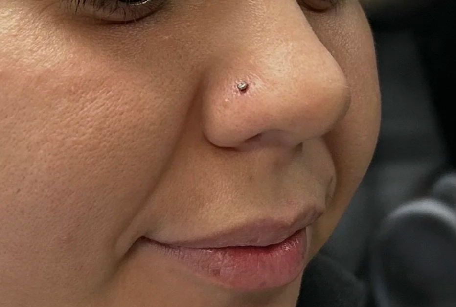 Close-up of a person's face showing a nose with a small nose piercing and slight smile.