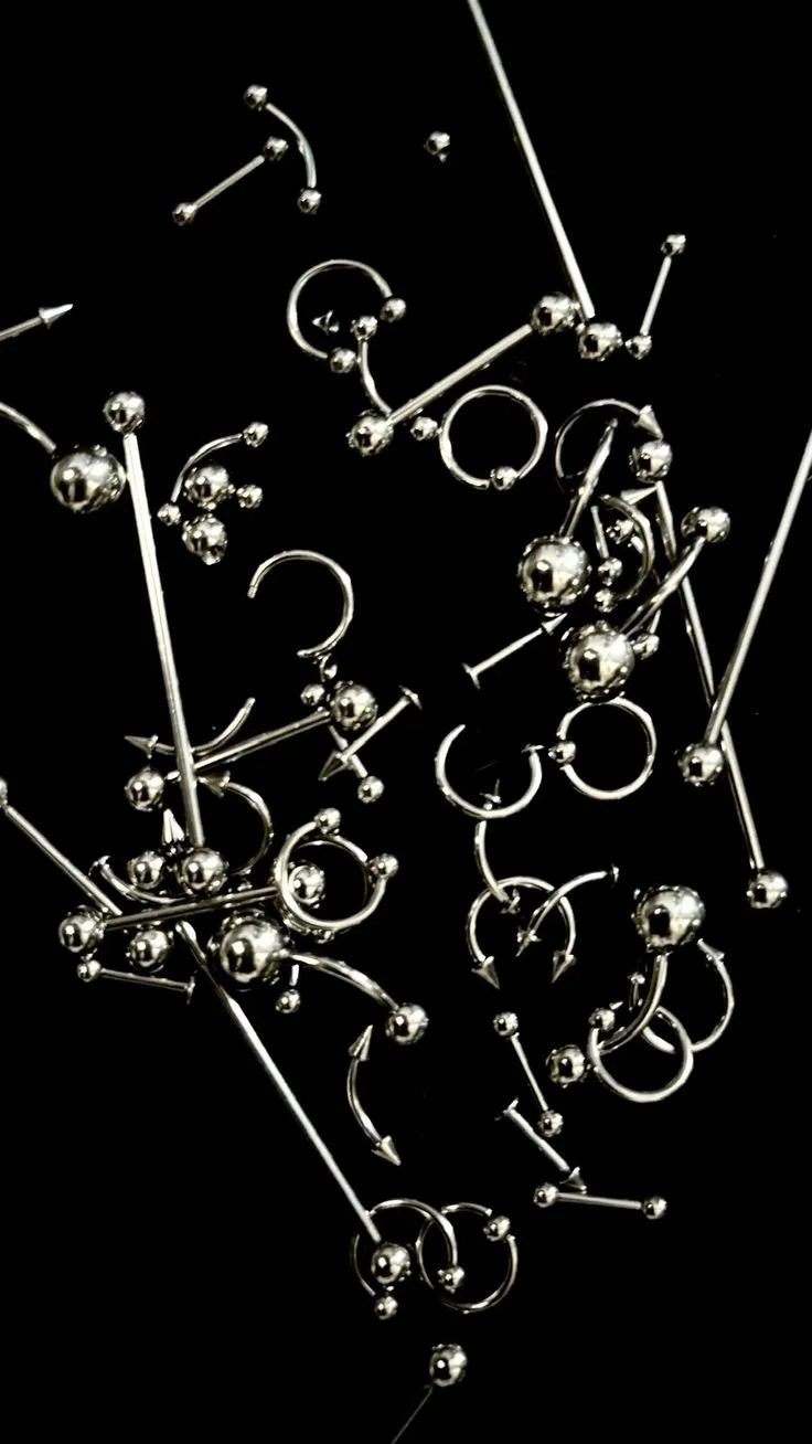 Various silver body jewelry pieces, including rings, hoops, and barbells, scattered on a black background.
