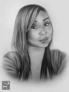 Black and white photo of a young woman with shoulder-length hair making a pouting face.