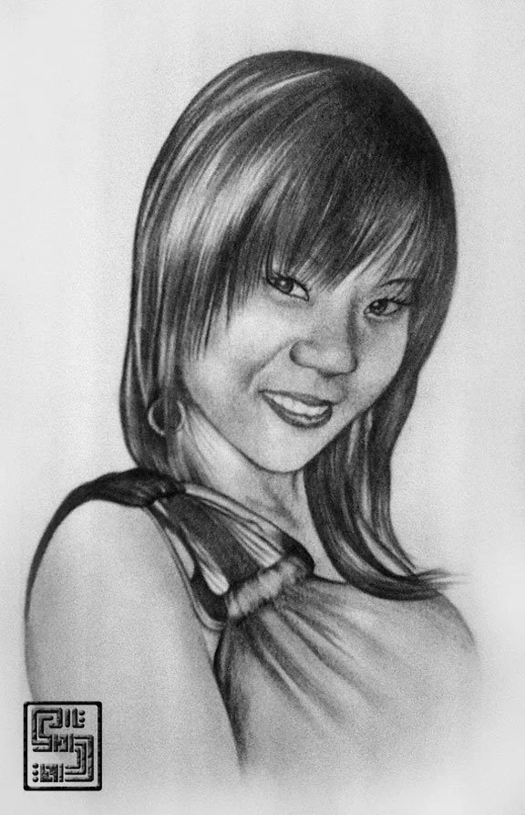 A black and white pencil sketch of a woman with straight, shoulder-length hair, smiling, wearing a sleeveless top.