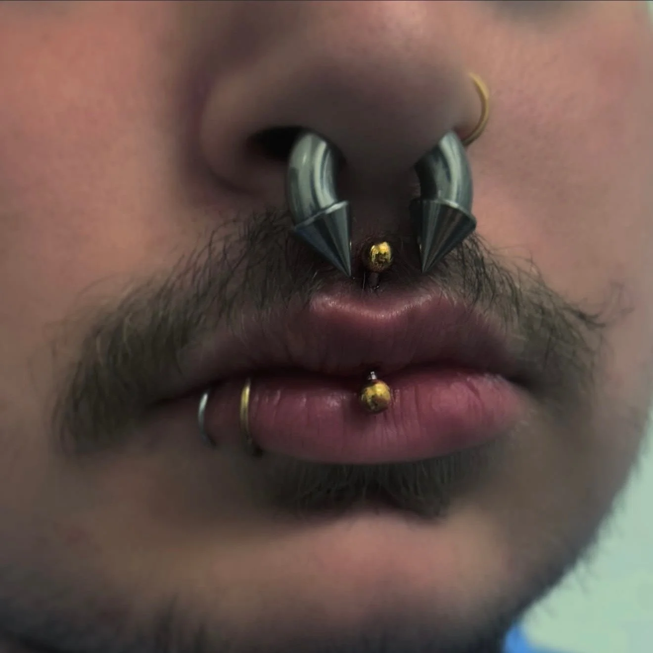 Close-up of a person's face with multiple facial piercings, including a nose ring, septum ring, lip ring, and earrings, and facial hair on the upper lip and chin.