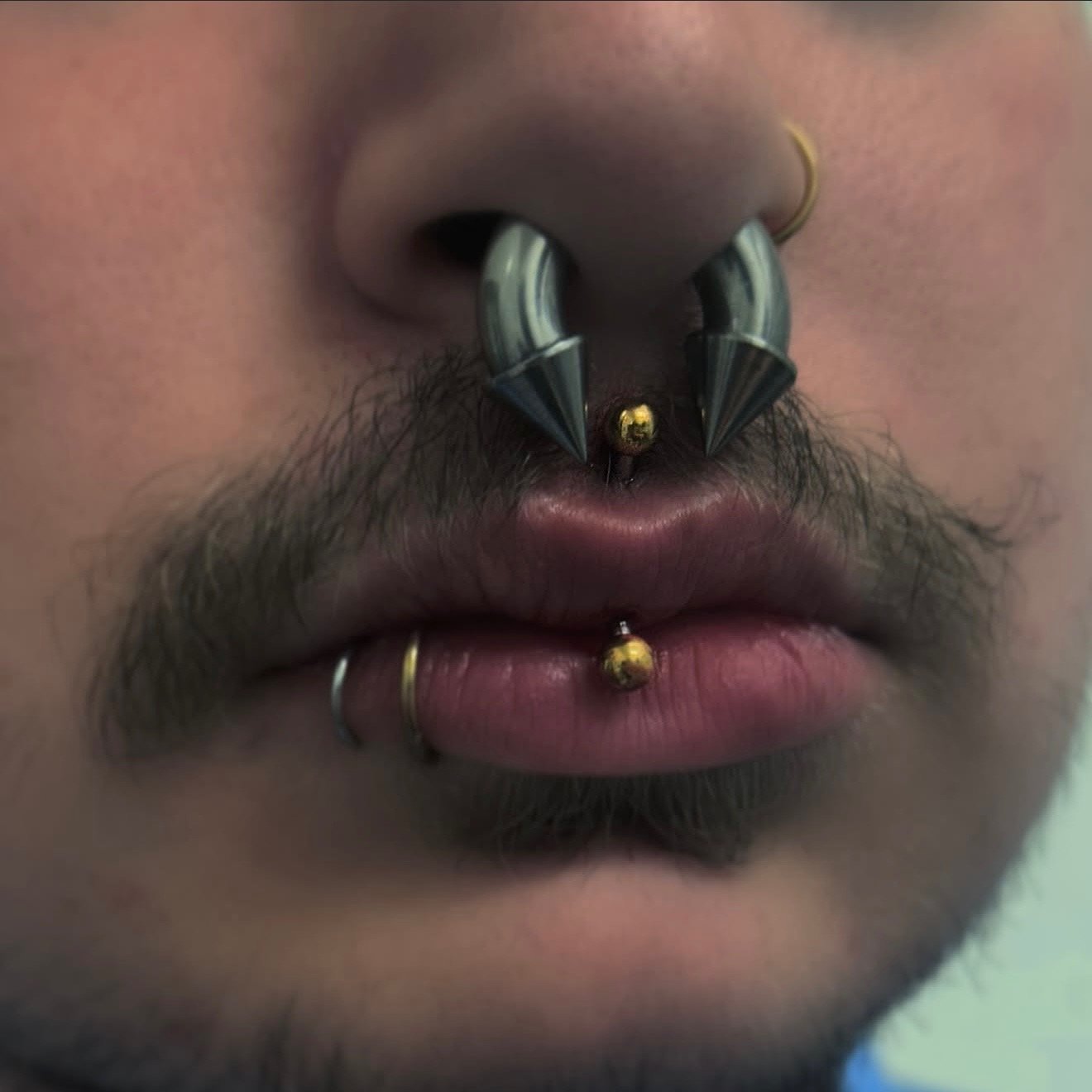 Close-up of a person's nose, lips, and facial hair featuring multiple facial piercings, including a septum ring, nostril rings, and lip rings, with some jewelry having gold accents.
