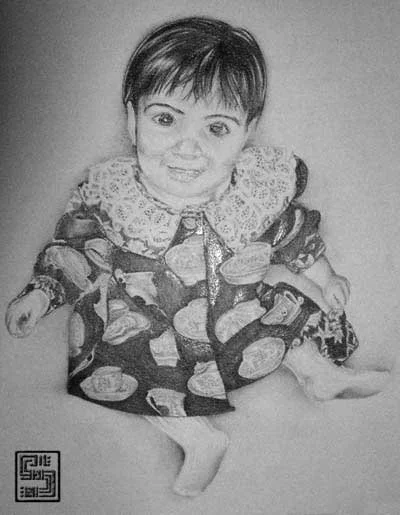 Black and white drawing of a young girl with short hair, wearing a patterned dress and a large lace collar, sitting with her legs crossed and smiling.