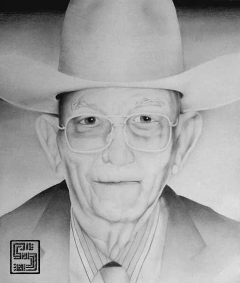 Black and white drawing of an elderly man with large ears, glasses, and a cowboy hat, wearing a suit with a collared shirt.