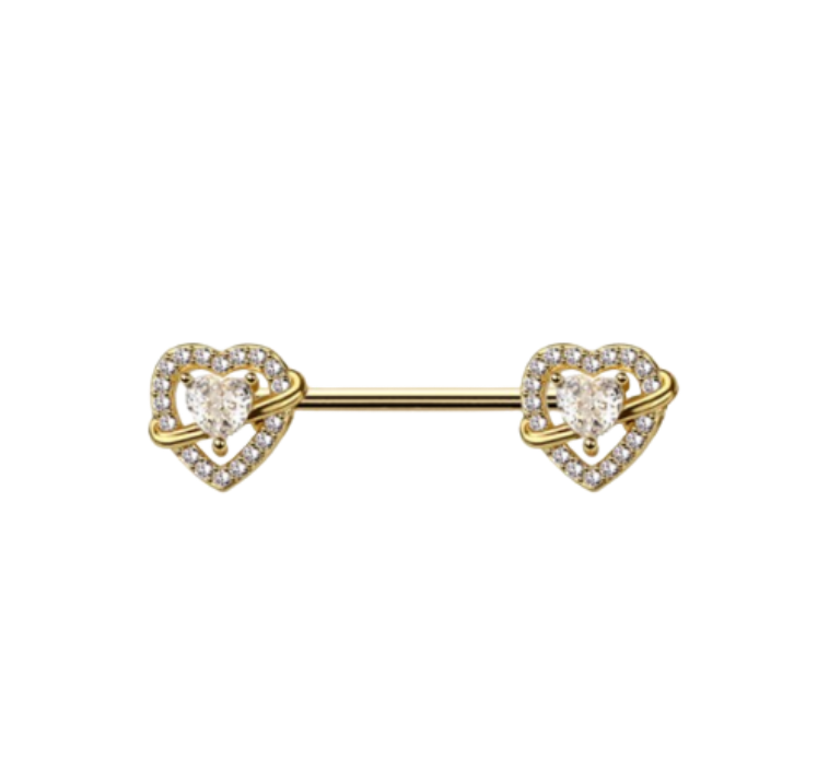 Gold Heart Nipple Barbell with Cubic Zirconia Pair/Set of 2