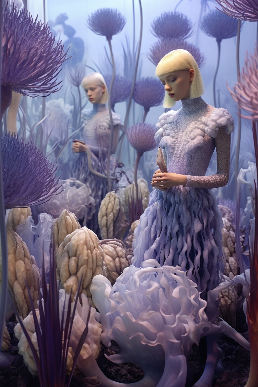 Two female models with platinum blonde hair wearing whimsical, fantasy-inspired dresses in a surreal, flower-filled scene with large purple and white flowers and organic, sculptural elements.