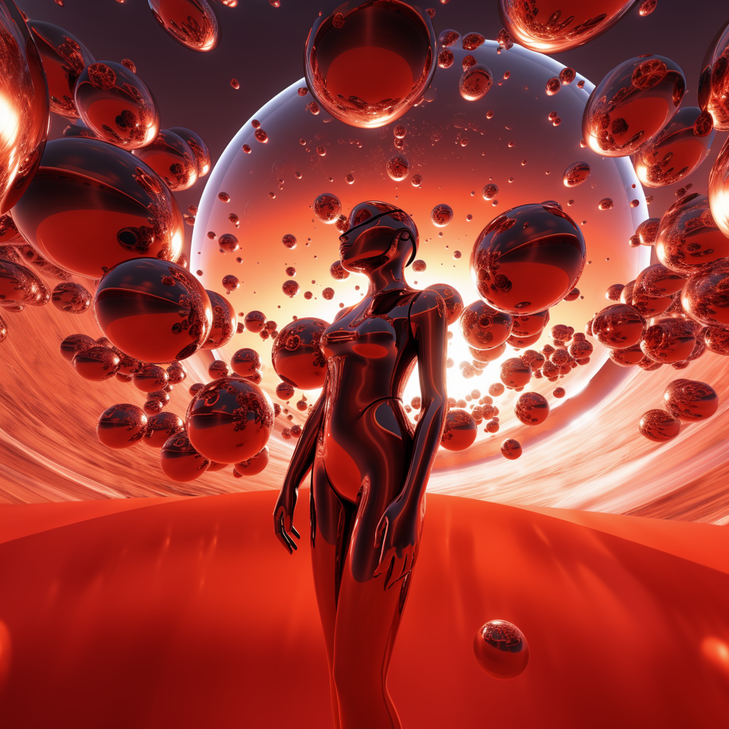 A futuristic, metallic female figure stands amidst floating red and black spheres in a surreal, otherworldly environment with a glowing light source in the background.