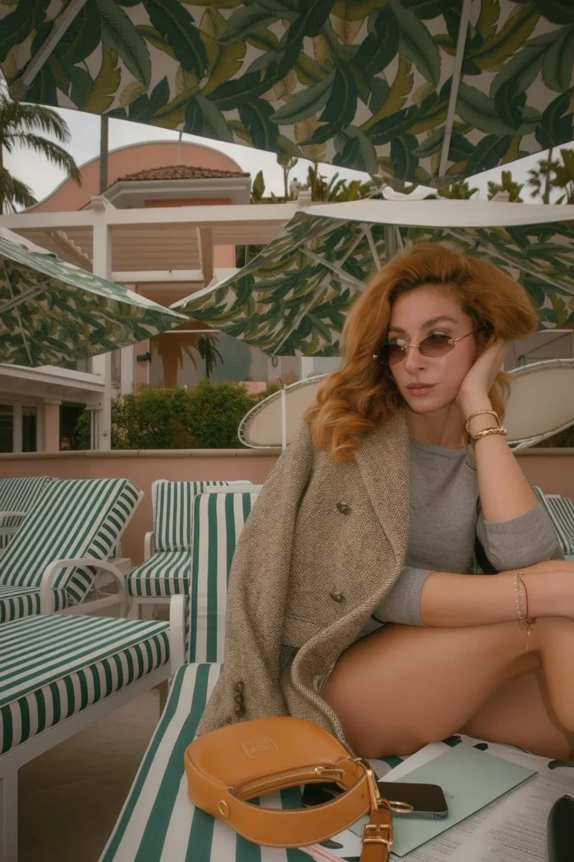 A woman with red hair and sunglasses sitting on a green and white striped outdoor lounge chair at a patio or poolside area, with umbrellas, palm trees, and buildings in the background.