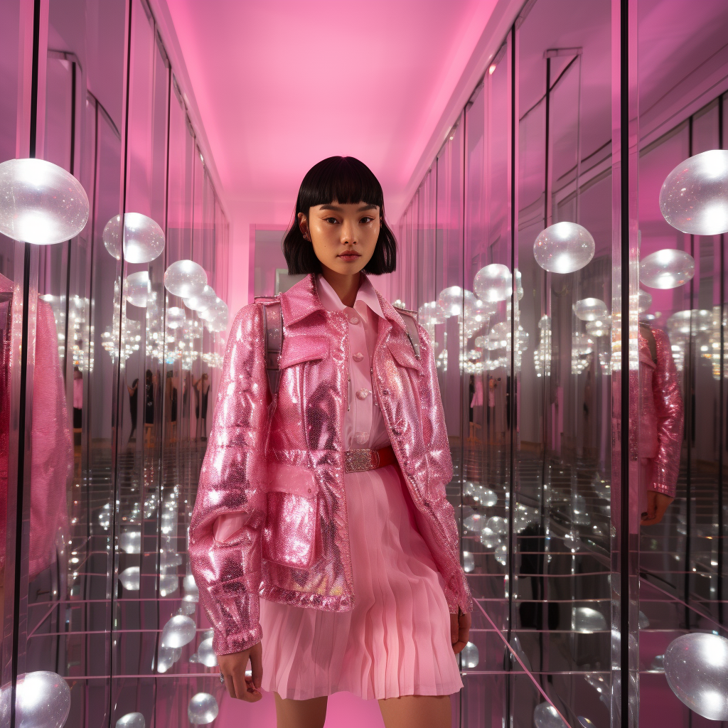 A young woman with black hair and bangs, wearing a shiny pink jacket and a pleated pink skirt, standing inside a mirrored room illuminated with pink lighting and round light fixtures.