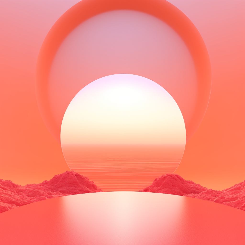 Digital artwork featuring a sunset over a body of water, with surreal red terrain and two large, glowing orbs in the sky, creating an abstract, cosmic landscape.