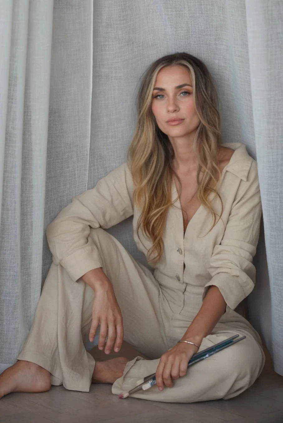 A young woman with long wavy blonde hair sitting on the floor, wearing a beige jumpsuit, holding a paintbrush, with curtains in the background.
