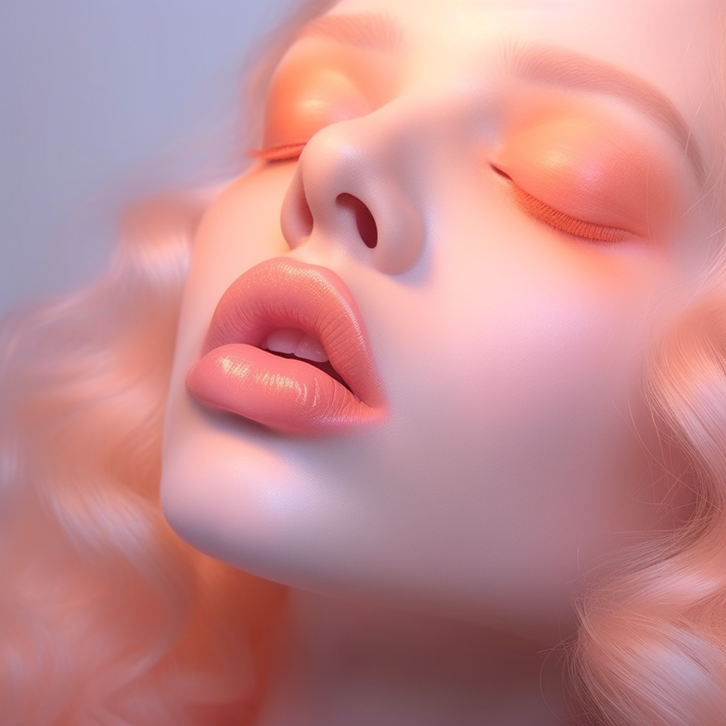 Close-up of a woman's face with pink lips and closed eyes, soft pink and purple lighting, and wavy blonde hair.