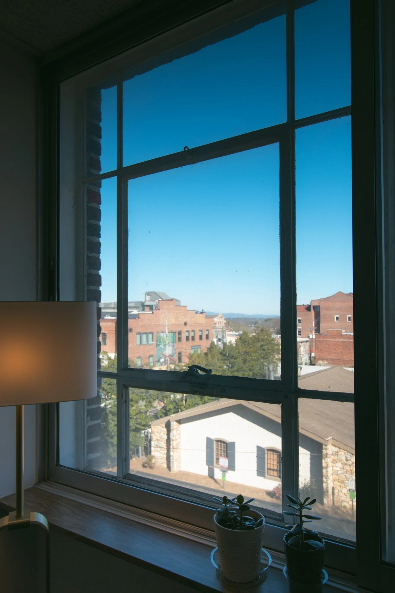View through a window showing various buildings and trees outside, with a clear blue sky. The window has a grid pattern, and there's a lamp and two potted plants on the windowsill inside.
