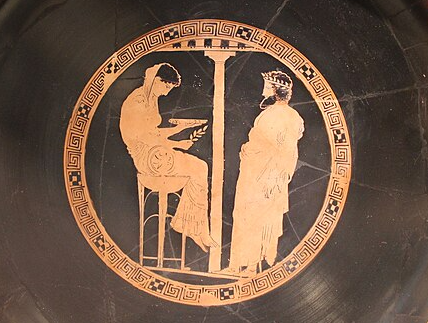 Ancient Greek-style pottery depicting two people in dialog