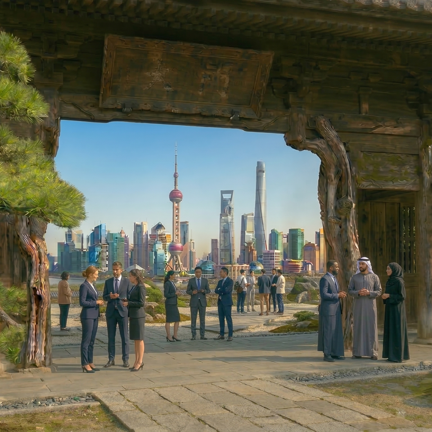 A group of people in business attire talking and socializing outdoors with a modern city skyline in the background. The scene is viewed through a large, wooden, traditional-style gate.