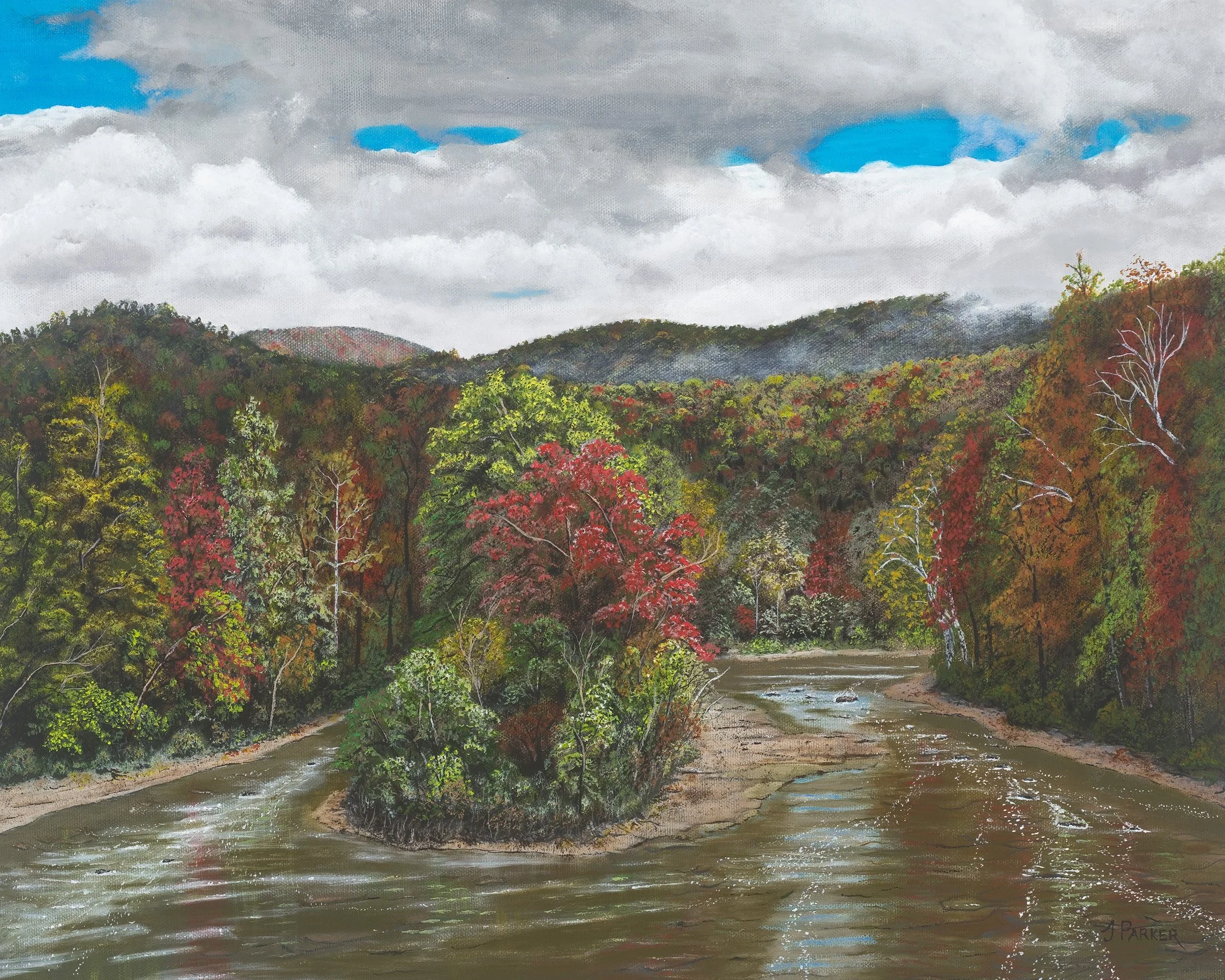 "Autumn in Alderson," Acrylic on canvas, 16x20 — During an extended stay in West Virginia that lasted into fall, I was picking up electrical supplies in Alderson for the campground. I literally stopped in the middle of the bridge over the Greenbrier 