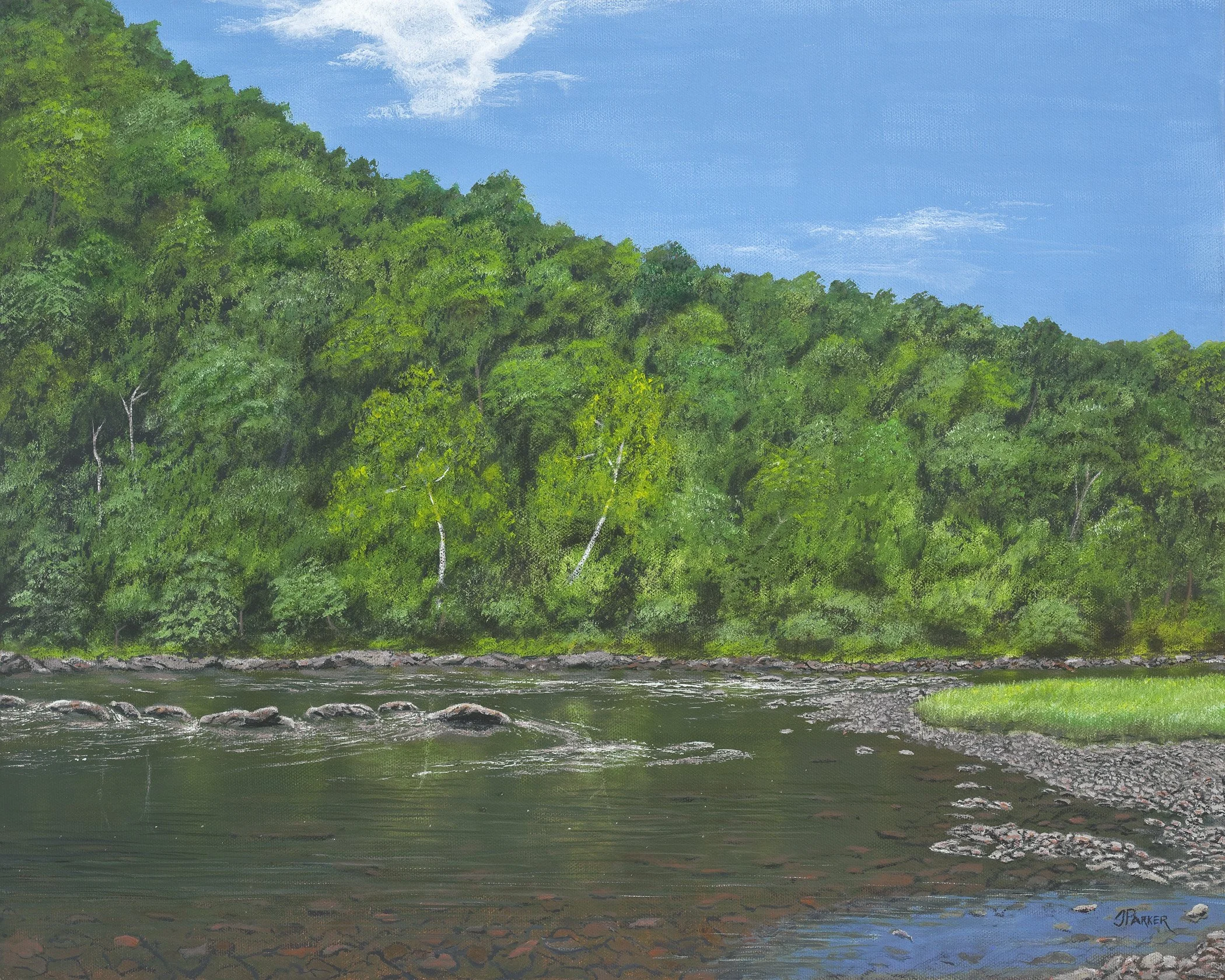 "Greenbrier Peaceful Flow," Plein Air acrylic on canvas, 16x20 — This plein air was done during our summer campground visit in "Almost Heaven" West Virginia. I love wading out and casting a fly well behind that biggest boulder in the middle and let i