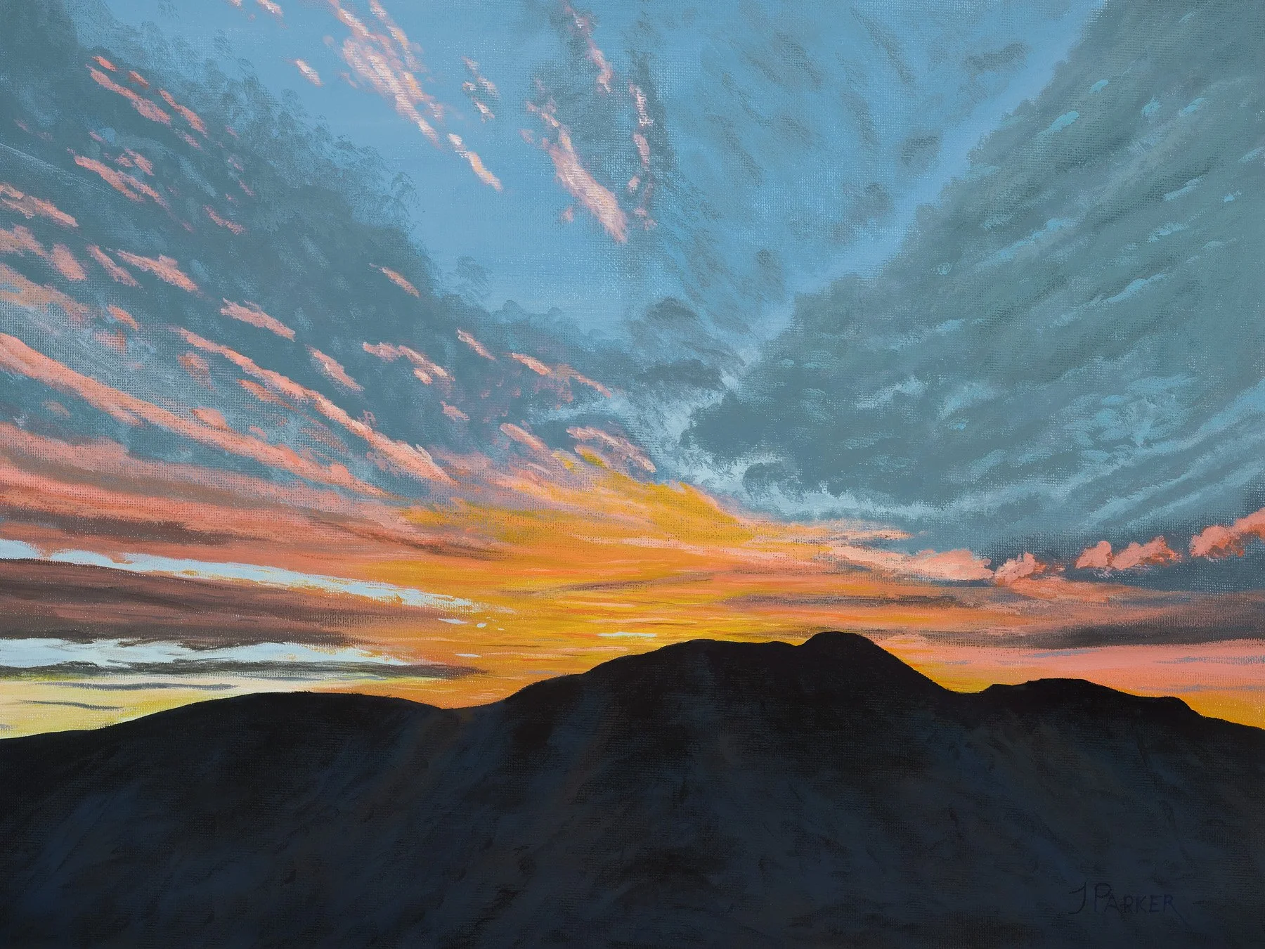 "Tortolita Headdress," Acrylic on canvas panel, 12x16 — This painting represents the infinite number of unique sunsets I'm blessed to experience each evening, looking west from our home toward the Tortolita Mountains in Arizona.