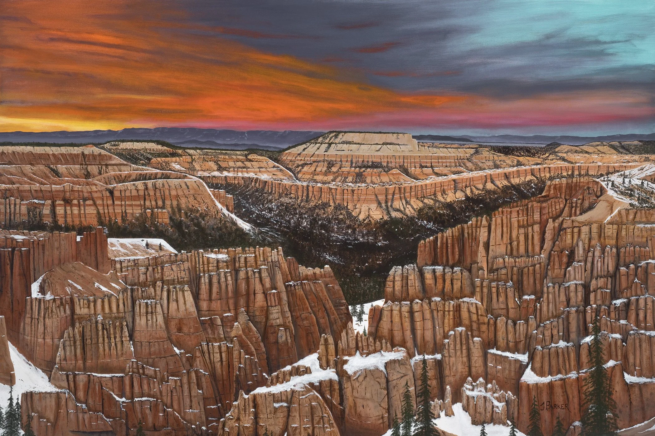 "Bryce Setting Chill," Acrylic on canvas, 24x36 — A commissioned piece for my daughter from her family winter hike at Bryce Canyon, Utah, as the sun retreated and evening's chill filled the air. 
