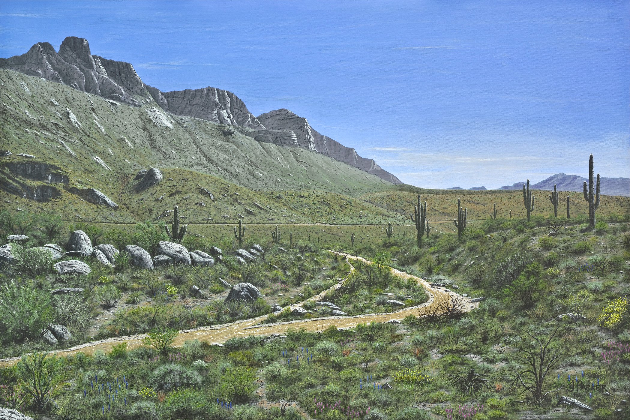 A painting of a Arizona desert landscape with tall cacti, rocks, grassy patches, mountains, and a blue sky.