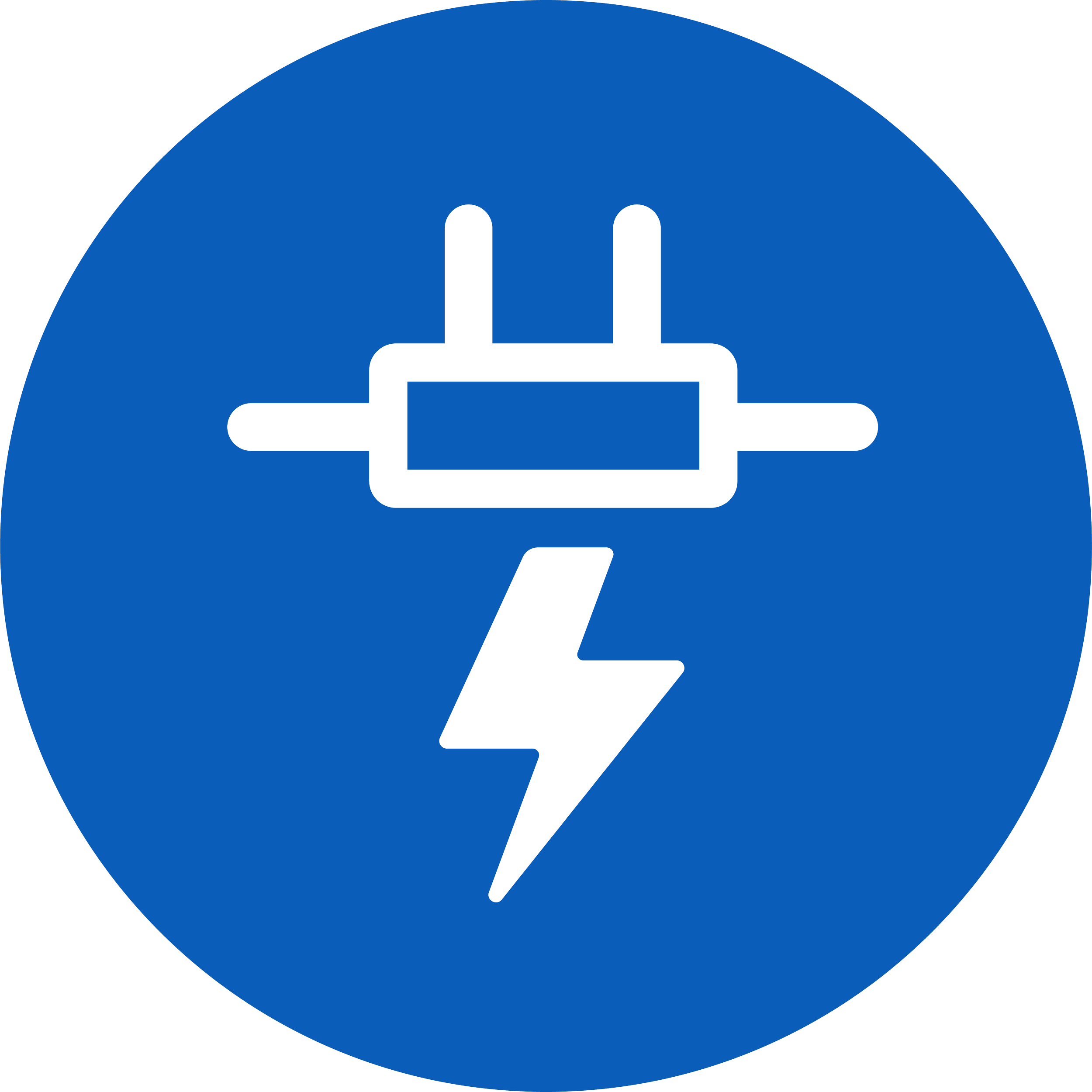 A blue circular sign with a black electrical plug icon, a rectangle representing a power source, and a lightning bolt symbol underneath.