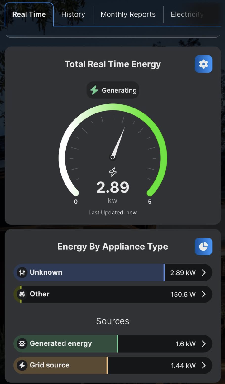 Dashboard displaying real-time energy generation with a gauge showing 2.89 kW, powered by grid and generated sources, with sections for history, monthly reports, and electricity.