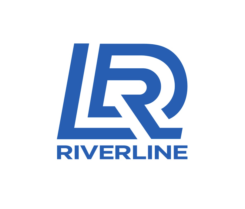 Blue logo with stylized letters LR and the word RIVERLINE below
