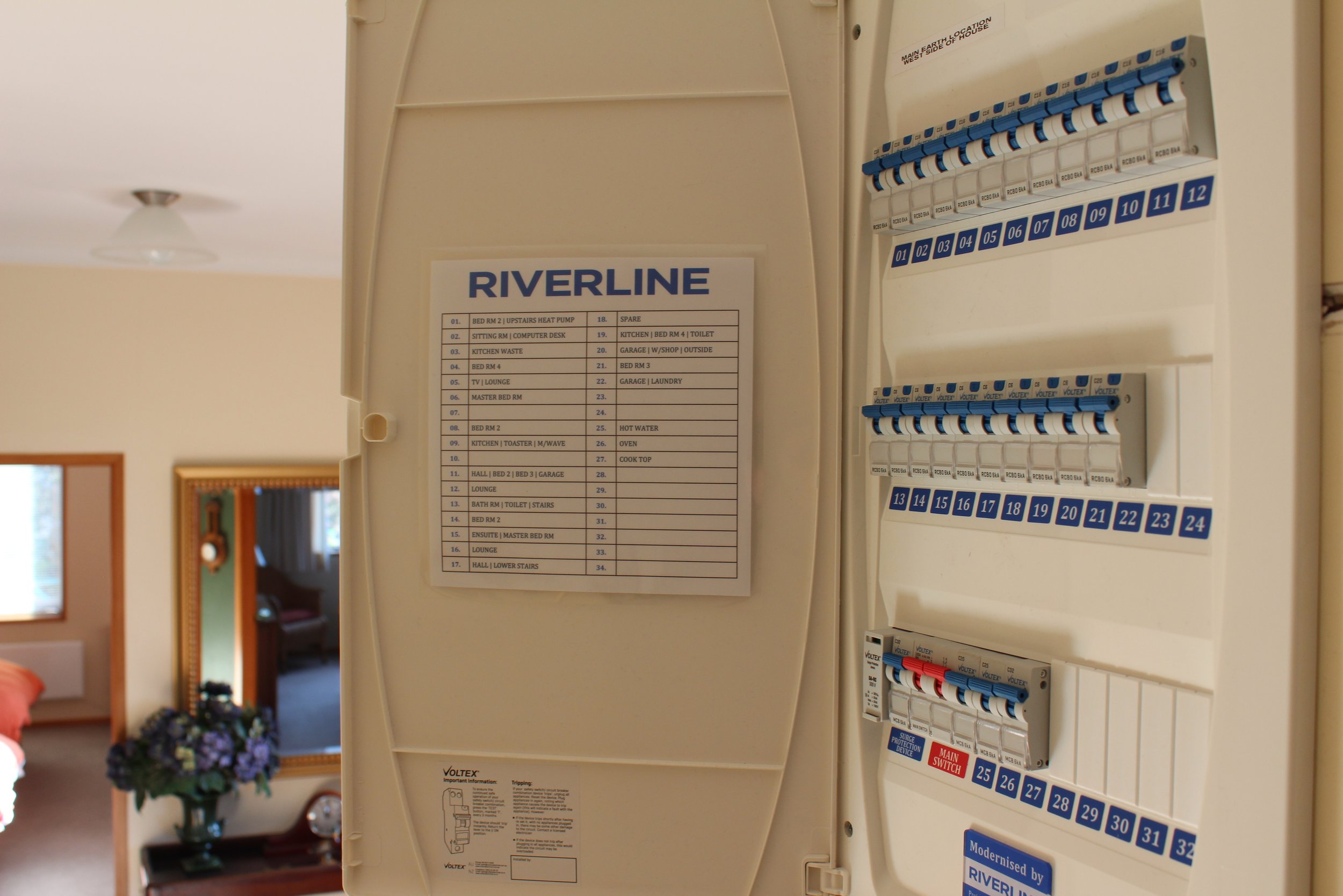 Electric breaker panel with labeled switches and a list titled 'RIVERLINE' indicating room and utility labels inside a house.