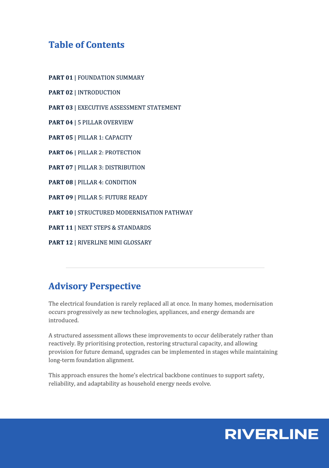 Cover page of a report or brochure titled 'Riverline' with a blue footer, a table of contents listing parts from 1 to 12, and a paragraph titled 'Advisory Perspective' explaining electrical foundation upgrades.