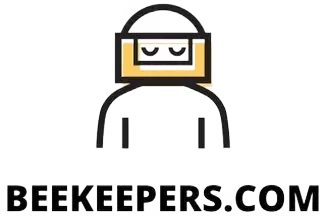 Logo of a beekeeping website featuring a stylized bee with a person in a bee suit and the text 'BEEKEEPERS.COM' beneath.