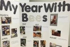 A bulletin board titled 'My Year With B' displaying monthly photos from March to August.