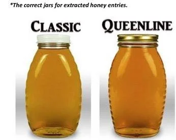 Two jars of honey labeled 'Classic' and 'Queenline' side by side, with the Queenline jar appearing slightly more amber in color.