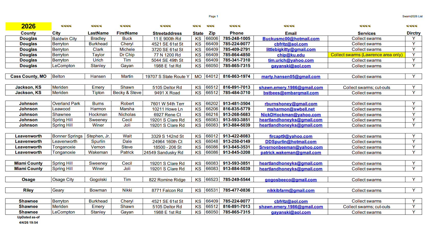 bee swarm collection services table with contact info