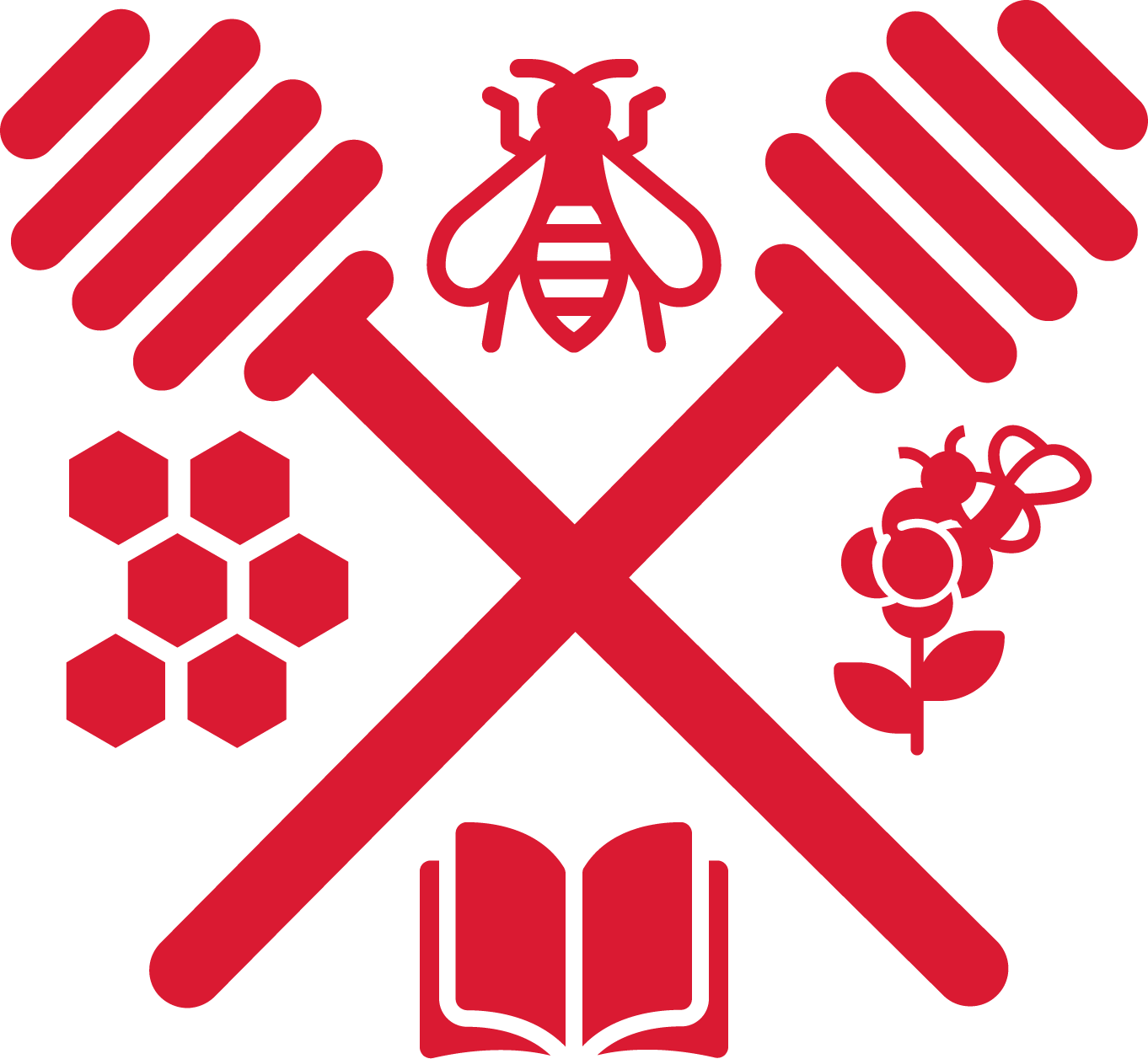 Red graphic design featuring a bee at the center, surrounded by symbols of honeycomb, flowers, a book, and honey jars, with diurnal stripes above.