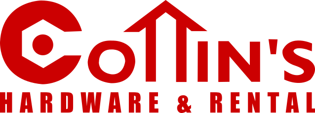 Logo for Colin's Hardware & Rental with a red color scheme, featuring a house roof above the name and a wrench integrated into the design.