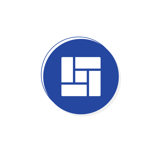 Blue circular icon with a white rectangle shapes stacked in the center signifying masonry
