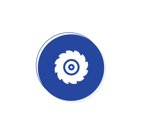 Blue circular icon with a white saw blade in the center signifying carpentry