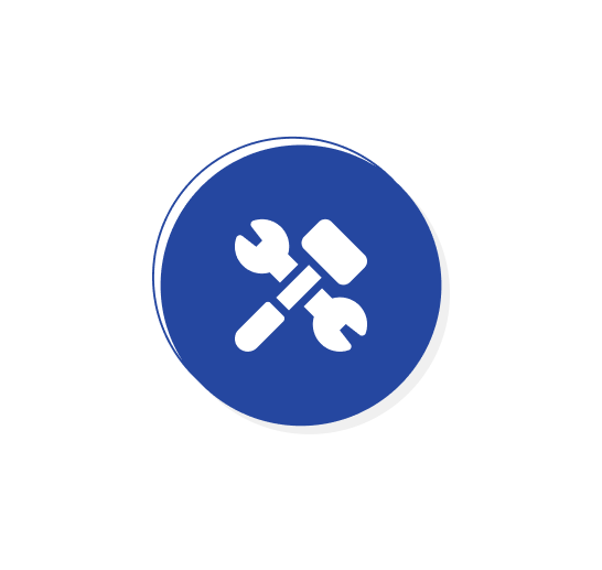 Blue circular icon with a white wrench and hammer crossed in the center signifying plumbing