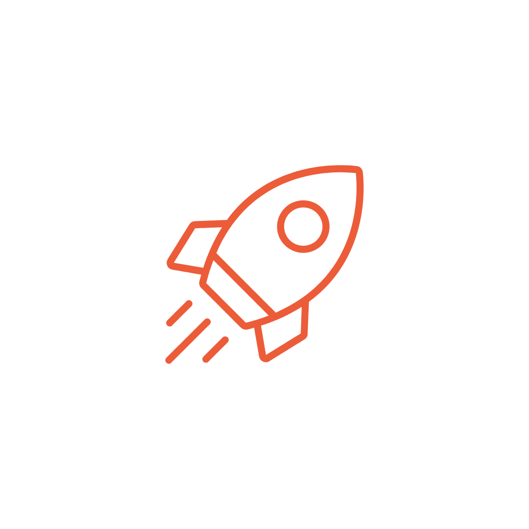 Line drawing of a rocket ship launching with smoke trails.