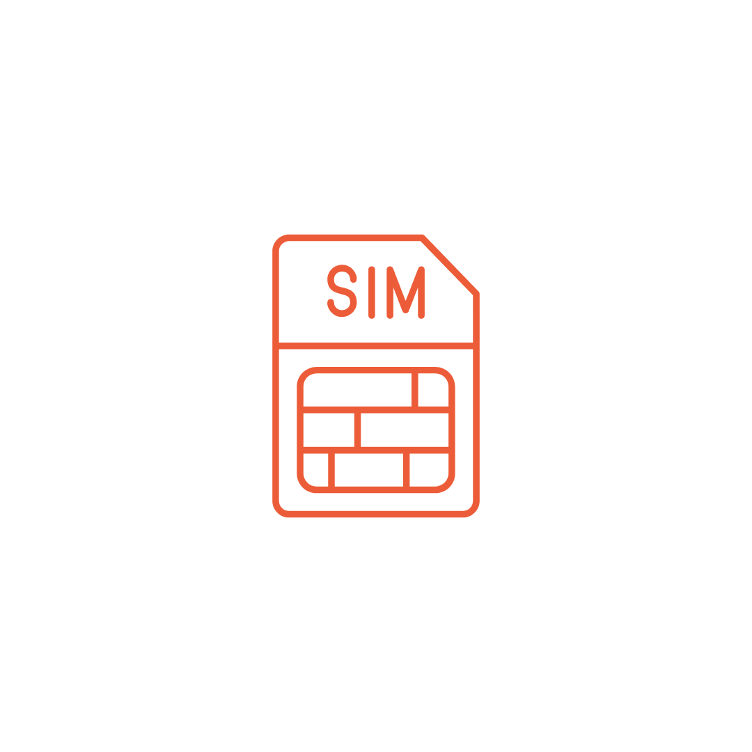 Illustration of a SIM card with the label 'SIM' at the top in orange outline.