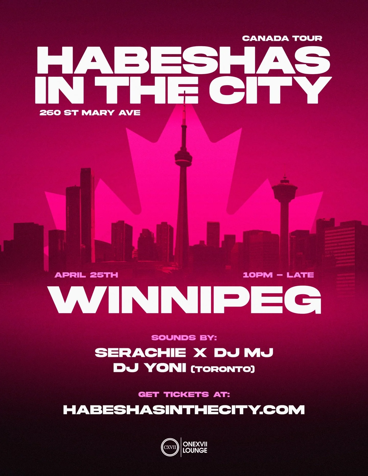 WE ARE EXCITED TO TOUCH DOWN WINNIPEG FOR THE FIRST TIME EVER 🔥

🗓️ APRIL 25TH
📍 @onexvii
⏰ 10PM - LATE
🎧 @serachies @mjpro_27 
GUEST DJ @djyoni_1 FROM TORONTO

🎵 MUSIC POLICY:
&bull;Habesha Music
&bull;Afrobeats
&bull;Hiphop

🎟️ TICKETS AVAILA