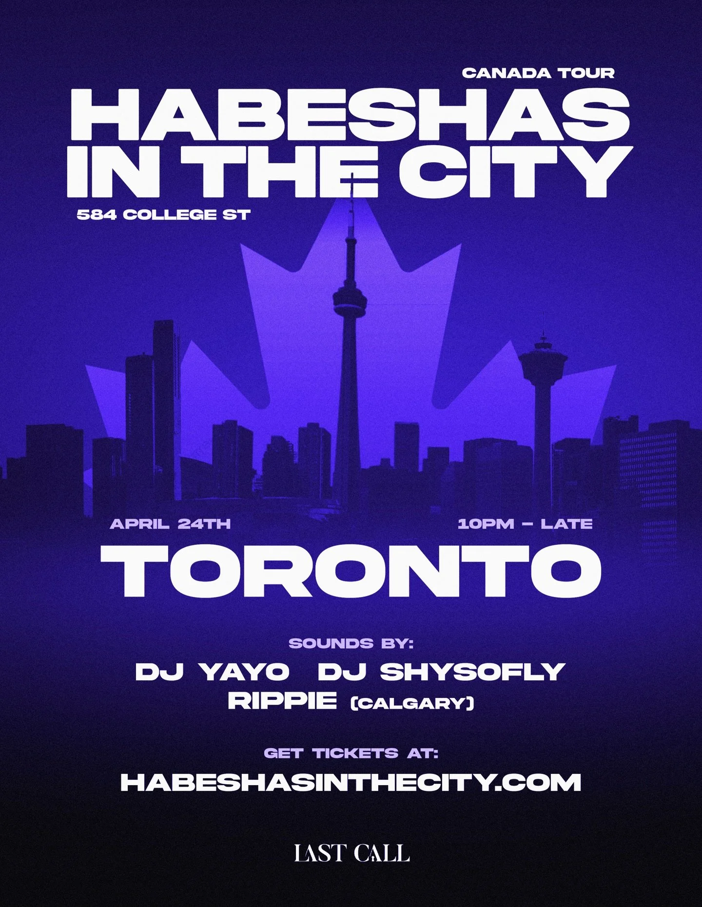 WE ARE EXCITED TO TOUCH DOWN TORONTO FOR THE FIRST TIME EVER 🔥😮&zwj;💨

🗓️ APRIL 24TH
📍 @lastcallcocktailclub 
⏰ 10PM - LATE
🎧 @robidjyayo @dj_shysofly 
GUEST @itsrippie FROM CALGARY

🎵 MUSIC POLICY:
&bull;Habesha Music
&bull;Afrobeats
&bull;Hi