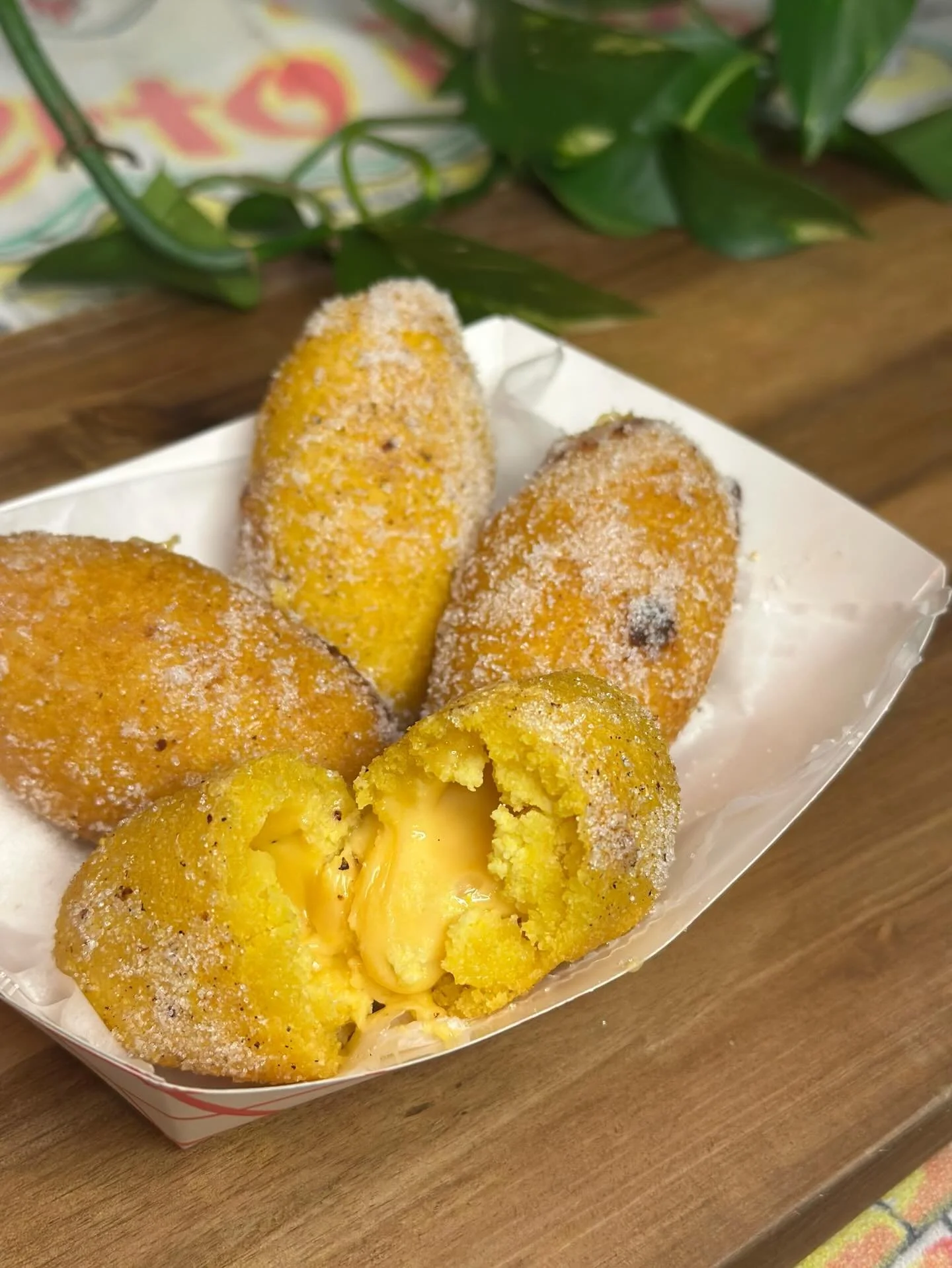Menu feature: Solluritos ☀️ 

These fried, cheese-stuffed corn fritters are dusted in sugar to create a deliciously sweet &amp; savory Puerto Rican breakfast staple. Perfect with coffee (or caf&eacute; con ron 😉)