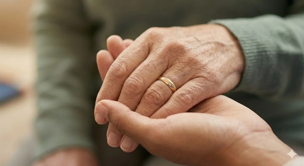 Person with a wedding ring on their finger, holding hands with another person.