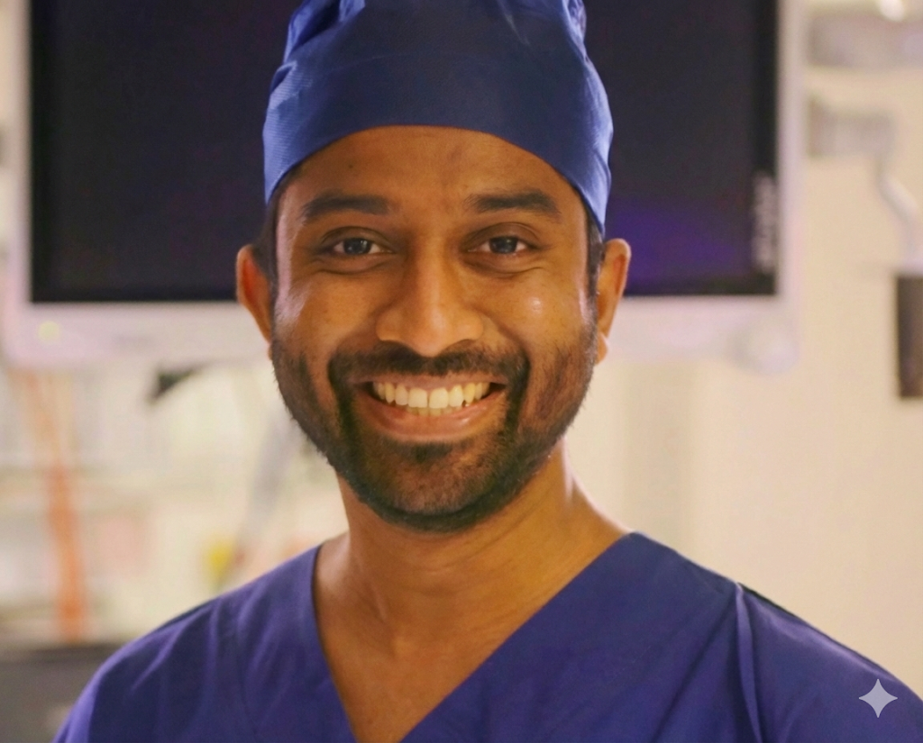 A smiling man wearing blue medical scrubs and a blue surgical cap, in a medical setting.